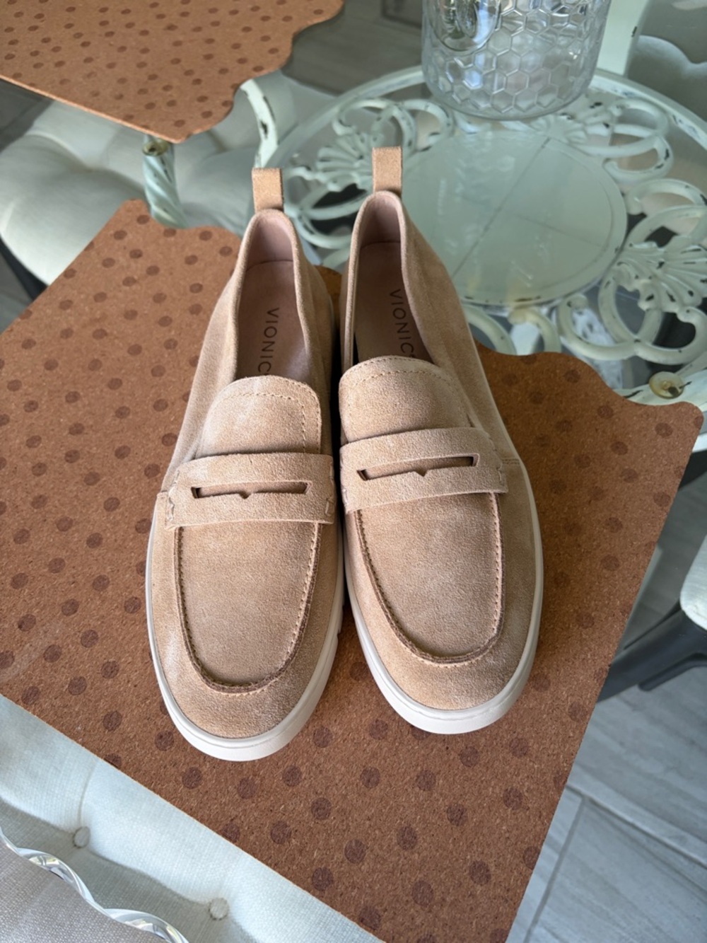 NWT Vionic Beige Suede Penny Slip-On Loafers in original box